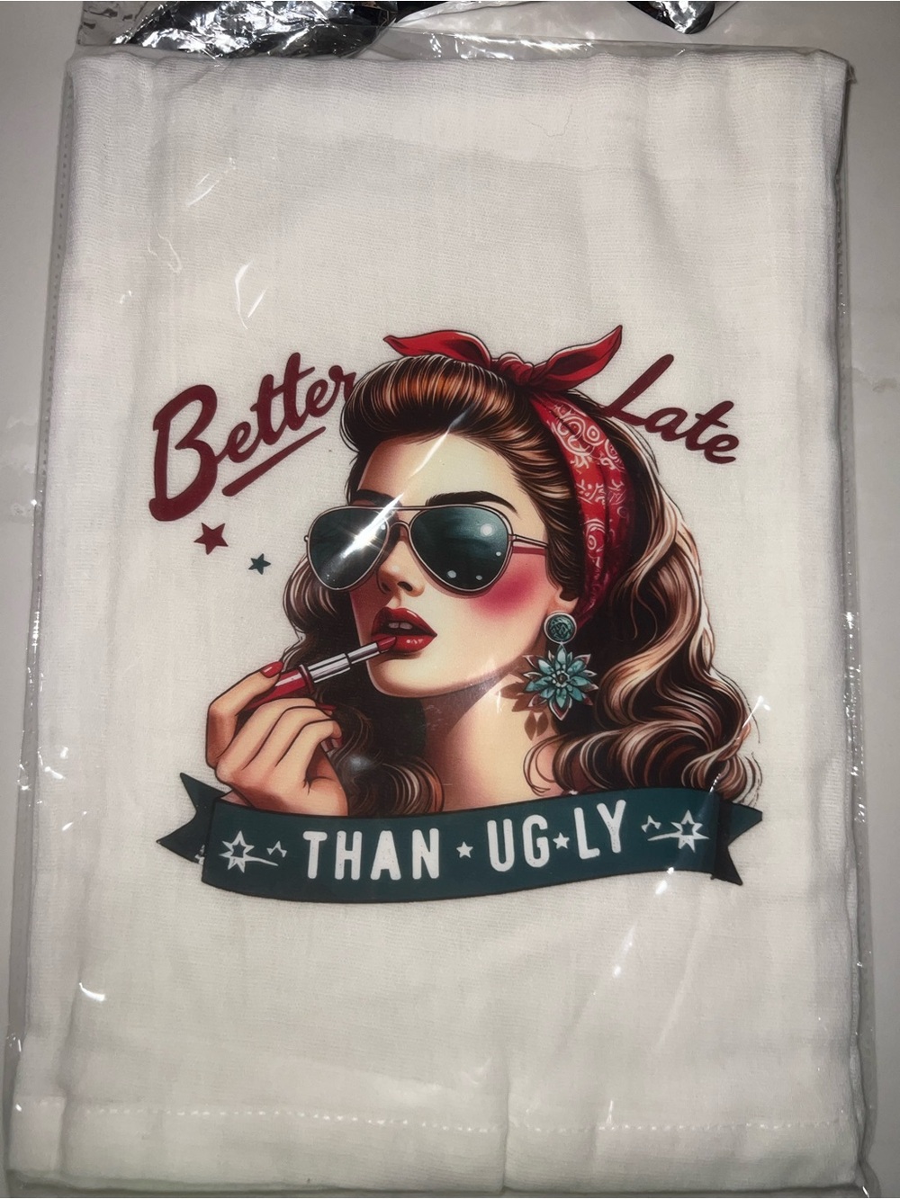 White Graphic Cosmetic Hand Towel– 'Better Late Than Ugly'